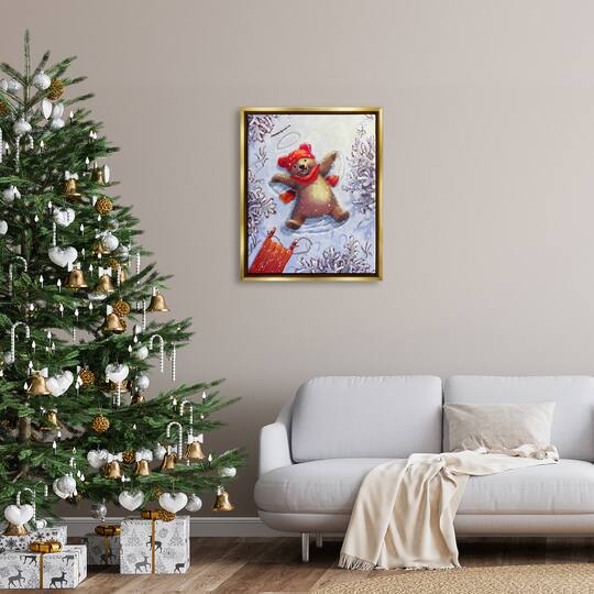 Stupell Industries Bear Cub Snow Angel Sled Framed Floater Canvas Wall Art
